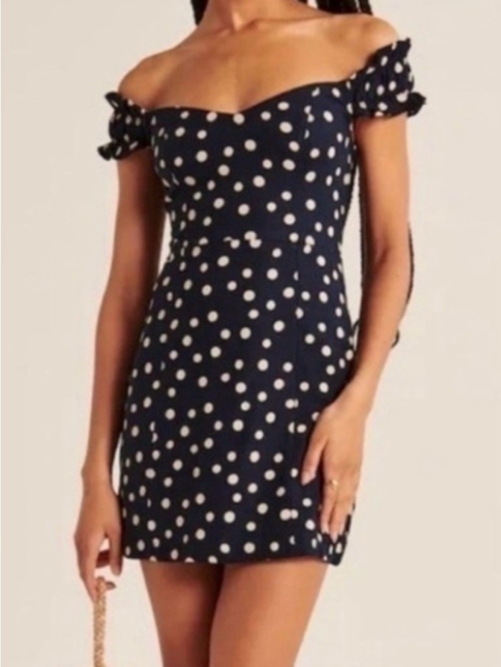 Abercrombie & Fitch Navy and White Polka Dot Off-Shoulder Mini Dress